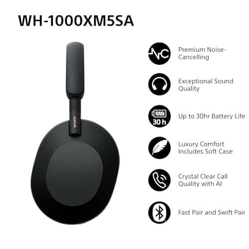 Sony WH-1000XM5SA Special Edition Soft Case Premium Noise Cancelling Wireless Over-Ear Headphones, Bluetooth, Clear Call Quality, Hi-Res Audio, Up to 30hr Battery Life, iOS & Android - Black — view 2
