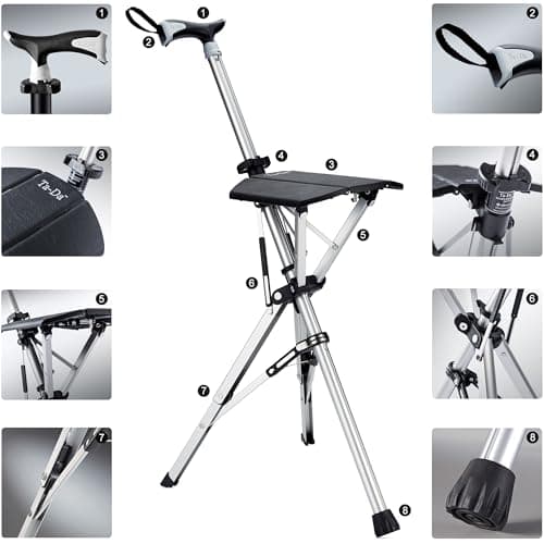STEP2GOLD Ta-Da Chair - Walking Stick with Seat, Ultra-Light Aluminium Frame & Sturdy Foldable Stool (up to 110kg), Collapsable Folding Design, Ideal for Travel & Sightseeing - Black, 82 cm — view 4
