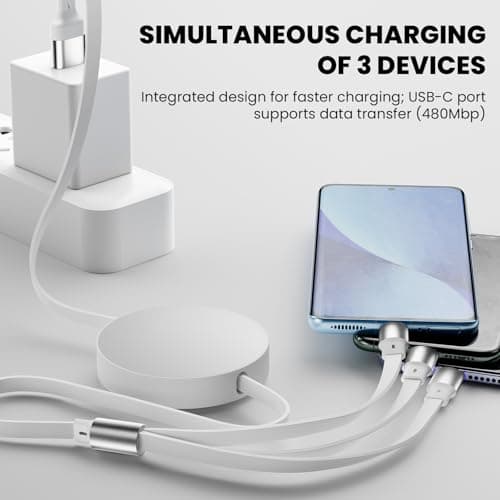 120W USB Multi Charger Cable Retractable, 3 in 1 Multi Charging Cable with USB A/C, Charging Cable for Multiple Devices, Fast Multiple Charger Cable Compatible for Phone, Pad, Laptop, Galaxy, White — view 2