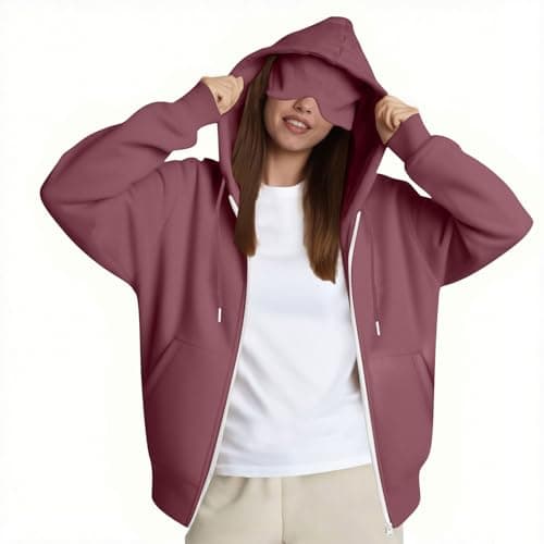 AMhomely Women's Hoodies Travel Hoodie with Eye Mask Built in Ladies Plain Zip Up Hoodie Womens Fleece Hooded Top Long Sleeves Front Pockets Soft Stretchable Comfortable Plus Sizes Wine — view 6