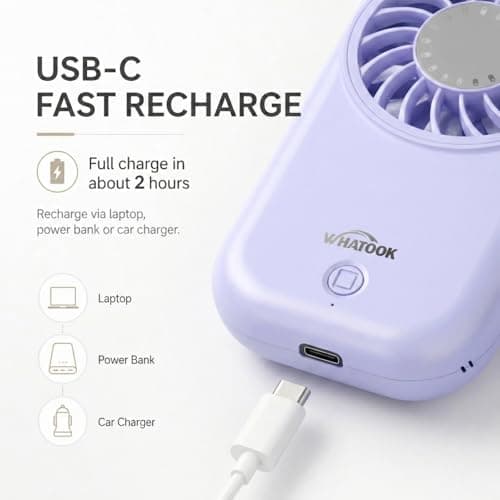 WHATOOK Mini Handheld Turbo Fan: 0.59in Ultra-Slim & 0.12lbs Light Pocket Fan, 11000 RPM Power, USB-C Rechargeable Portable Small Personal Hand Fan for Travel Essentials, Outdoor, Gift, Purple — view 5