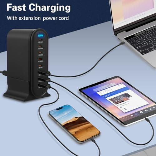 USB C Charger 600W 8 Port GaN III Fast Charging Station with 140W USB C Output, 1.5m Cable, Multi Charger Hub for Laptop, MacBook, iPhone, iPad, Samsung, Android, Home Office Travel — view 6