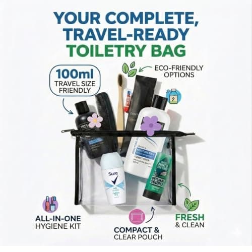 Women's Travel Toiletries Set with Clear Toiletry Bag – Travel Kit with Shampoo, Conditioner, Shower Gel, Anti-Perspirant, Dental Kit & Comb, Travel Essentials for Holidays, Overnight Stays — view 2