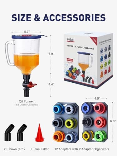 SMART JERRY - Spill-Proof Engine Oil Funnel Kit｜Oil Change Funnel w/ 12 Adapters & 2 Magnetic Adapter Organizer Boards｜Transparent Body w/Scale & Shut-Off Valve｜Universal Fit — view 2