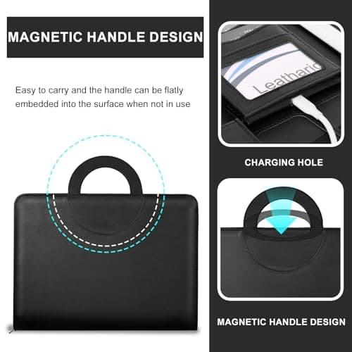 Leathario Portfolio Folder A4, Vegan Leather Conference Folder with Handle, 4-Ring Travel Document Holder with 5 5-Part File Dividers, Multi-Pocket Document Folder Organiser, Office Supplies — view 3
