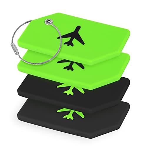 Flintronic 4 PCS Luggage Tags, Silicone Baggage Labels, Suitcase ID Tag Set, Handbag Tag Labels Travel Accessories for Checked Luggage, Hand Luggage and Handbags - Black & Green
