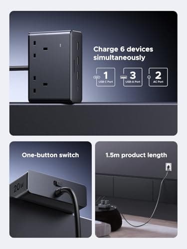 UGREEN Extension Lead 1.5M, 2 Way Power Strip with 4 USB Ports — view 4