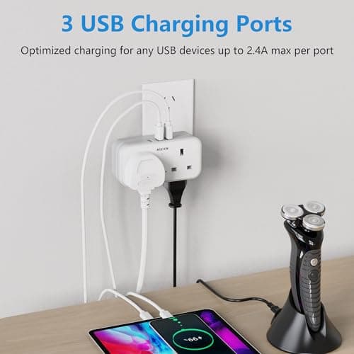 UK to Australia Plug Adapter With 3 USB, Grounded Australian China New Zealand Travel Plug Adaptor, Double Outlet UK with Dual 2 Pin Socket at The Bottom for AUS NZ Argentina Fiji (Type I) — view 4
