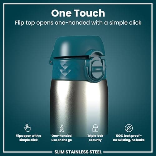 ION8 Lightweight Steel Water Bottle, 600ml/20oz, Non-Insulated, Leak Proof, Easy to Open, Secure Lock, Dishwasher Safe,Flip Cover, Fits Cup Holders,Carry Handle, Metal Water Bottle, Half Cut Deep Teal — view 3