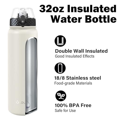OLDLEY Stainless Steel Water Bottle with Straw 1L Vaccum Insulated Large Drink Flask Metal Water Bottles 1 Litre Leakproof Keep Drinks Hot Cold for Bike Sports Gym with Different Lids(Cream, 3 Lids) — view 4