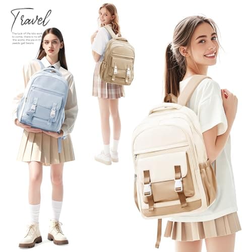 HYC00 School Bags for Girls Boys Secondary High Middle School Backpack Womens Casual Daypack 14 Inch Laptop Rucksack Backpack for Travel College Work Bookbags for Teens Girls Schoolbag, Beige Khaki — view 4