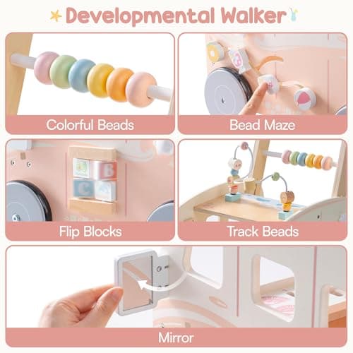 ROBOTIME Wooden Baby Walker, Baby Push Along Toy with Wheels, Multifunctional Activity Walker with Height Adjustment & Speed Control, Gift for Toddler Age 10-36 Months (Pink Mermaid) — view 5