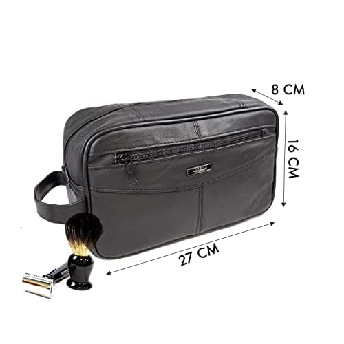 Men's Genuine Leather Toiletry Bag Travel Toiletry Bag Shaving Bag Cosmetic Organizer Gift for Men Women One Black Zipper — view 3