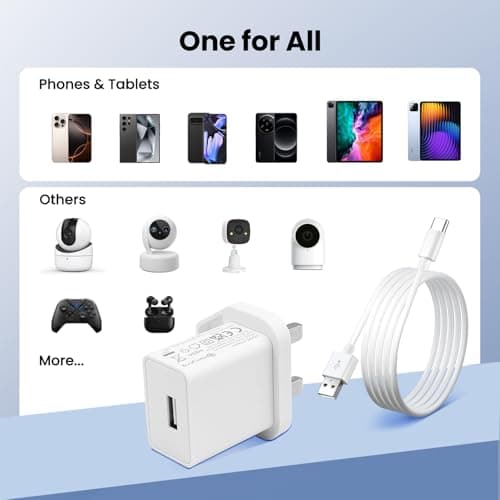 UKCA 5V 2A 10W USB Portable Wall Charger with 5M USB C Cable, AC DC Adapter Travel Plug, Power Supply for Security Cameras, Speakers, and More Type-C Enabled Devices-White — view 4