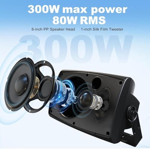 Herdio 8 Inch 600W Outdoor Bluetooth Speakers Waterproof Wired with Powerful Bass, TWS Pairing Wall Mount Durable Loud Sound System Suitable for Patio Garden Porch Backyard Home Theater (1 Pair Black) — view 2