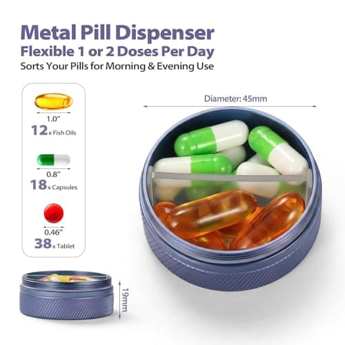 Portable Metal Pill Box Organiser - Waterproof Tablet Box with Removable Divider, Small Aluminium Pill Case, Rugged Medicine Container for Daily Vitamins and Travel, Pocket & Handbag Size, Dark Blue — view 2
