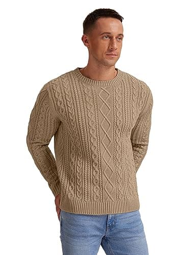 Hisir Men's Cable Knit Jumper, Thick Warm Crew Neck Winter, Khaki, XL — view 3
