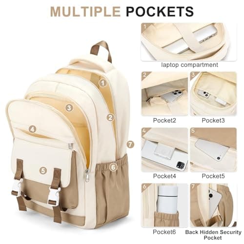 HYC00 School Bags for Girls Boys Secondary High Middle School Backpack Womens Casual Daypack 14 Inch Laptop Rucksack Backpack for Travel College Work Bookbags for Teens Girls Schoolbag, Beige Khaki — view 5