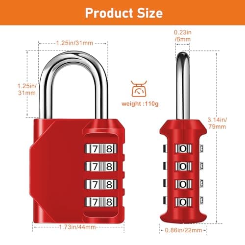 NAGE Padlocks with Code, Combination Lock 4 Digit Gym Locker (1P, Red) — view 4