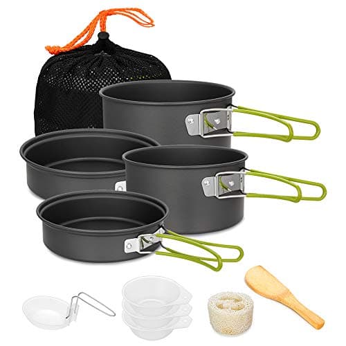 Gutsdoor Camping Cookware Set Camping Cooking Set Non Stick Family Backpacking Cooking Set Lightweight Stackable Pot Pan Bowls with Storage Bag for Outdoor Hiking (11pcs (Green))