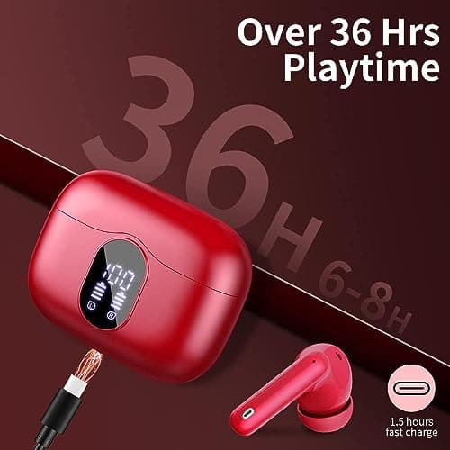 Wireless Earbuds, Bluetooth 5.4 Headphones In Ear with 4 ENC Mic, 2025 New Wireless Earphones Noise Cancelling Deep Bass, LED Display, Bluetooth Earbuds 36H Playtime, IP7 Waterproof Ear buds USB-C Red — view 6