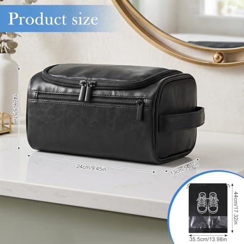 Zocipro Leather Toiletry Bag for Men, Black PU Artificial Leather Wash Bag for Travel, Gym & Shaving, Dry & Wet Separation with 3 Compartments - Perfect Men's Hanging Washbag with Shoe Bag — view 3