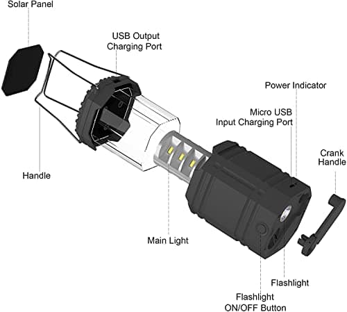 ROCAM Rechargeable Camping Lights, LED Solar Camping Wind up Lantern, Hand Crank Emergency Light with 3000mAh Battery for Camping, Hiking, Fishing, SOS, Outdoor, Power Cuts-Black — view 2