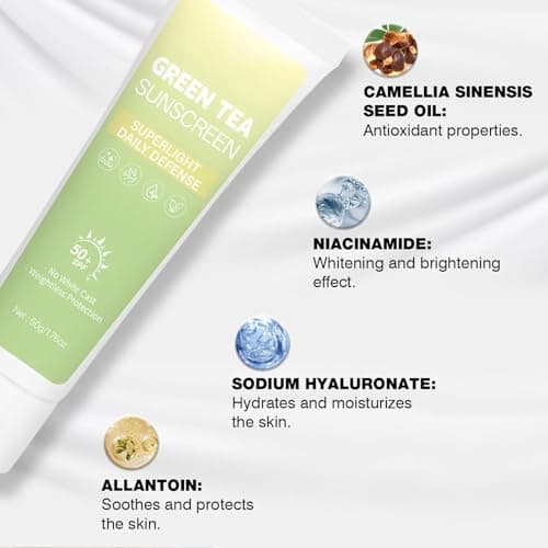 Green Tea Korean Sun Protection for Face, Travel Size Sun Protection SPF 50, Non Greasy & No White Print, Daily Wide Spectrum UV Protection with Niacinamide, Panthenol & Hyaluronic Acid — view 4