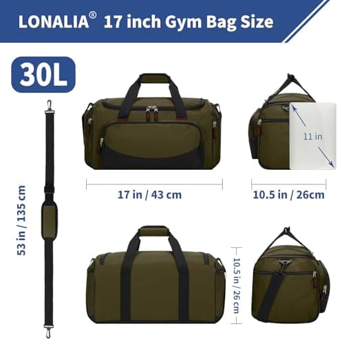 LONALIA Small Holdall Bag 30L, Gym Duffle Bag, Olive Green — view 2