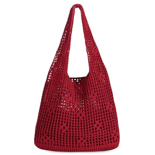 Sightor Crochet Tote Bag, Mesh Beach Bag Knit Summer Hobo Bag Vacation Boho Tote Bag for Women, Hollow Out Red, M, Boho