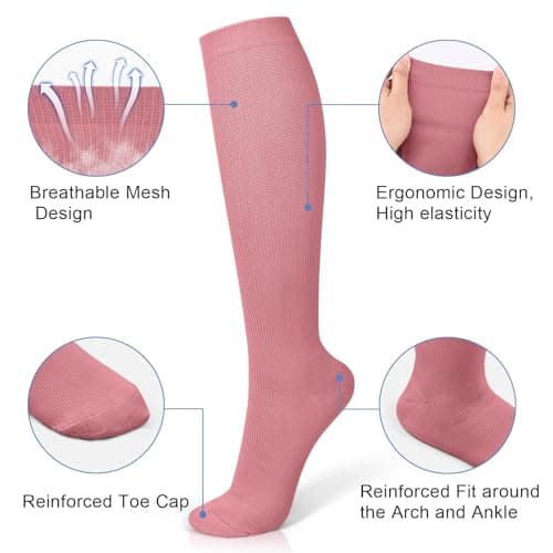 3 Pairs Compression Socks 15-20 mmhg for Men & Women, Support Socks Compression Stockings for Running, Swelling, Nurse, Flight, Nurses,Edema (Pink+Brick Red+White, L/XL) — view 2