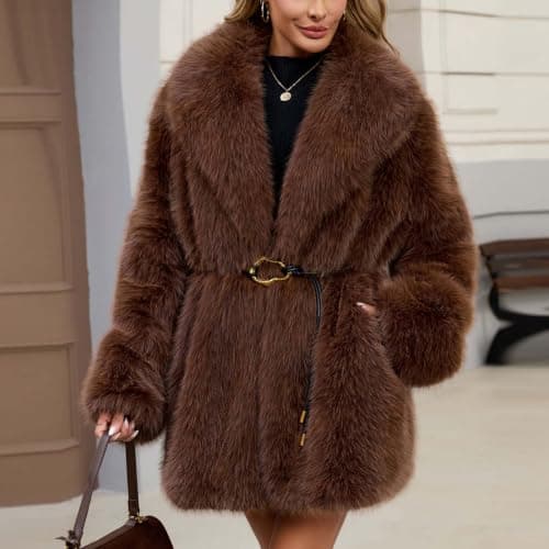 Brown Womens Faux Fur Coat Lapel Belted Warm Winter Jacket with Pockets XXL — view 2