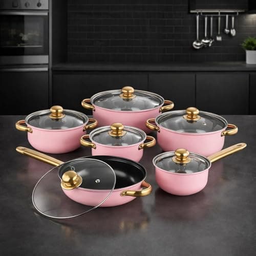 Ronyme 6 Pieces Stainless Steel Cookware Set with Glass Lids Soup Pot Ergonomic Handle Kitchen Cooking Set for Professional Chef, Pink — view 4