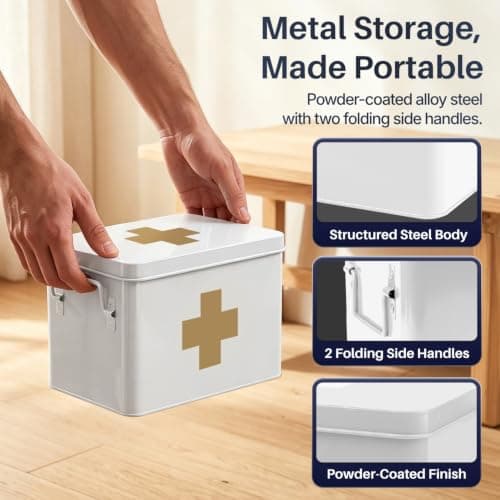 Flexzion Metal First Aid Box Empty, 8.5 Inch White Vintage First Aid Storage Box, First Aid Tin Container with Dividers, Removable Tray, Side Handles and Gold Cross Logo — view 5