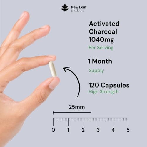 Activated Charcoal Capsules - 120 High Strength Activated Charcoal Tablets Alternative - 1040mg Per Serving, Helps Reduce Excessive Flatulence After Eating - Made in UK By New Leaf — view 3