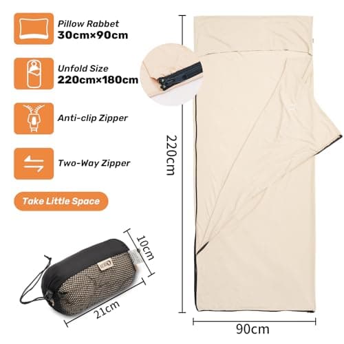 QEZER Sleeping Bag Liner, Ultralight Travel Sheets, Soft & Portable Large Sleeping Bag Liners for Adults silky soft and with a practical zipper easy to store (KHAKI) — view 2