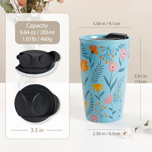 ANTIS'S HOME Ceramic Travel Mug with Lid, Double Wall Coffee Cup with Flower Pattern, Reusable Tumbler for Hot Drinks, Microwave & Dishwasher Safe, Gift for Office, Home & Christmas, Blue — view 2