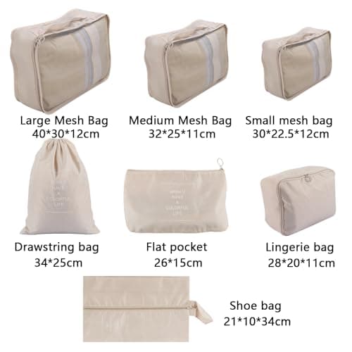 Aselected 7 PCS Travel Organiser Packing Bags Packing Cubes Travel Luggage Packing Organizers Clothes Shoes Cosmetics Toiletries Storage Bags (Beige) — view 2