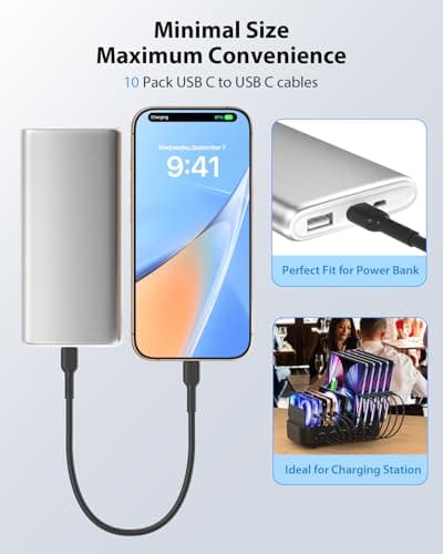 SOOPII 10-Pack Short USB C to USB C Cables,8 Inch/0.7Ft 60W Type C Fast Charging Cables,Compatible with lPhone,Galaxy,lPad,MacBook,Charging Station and Power Bank Accessory(Black) — view 2