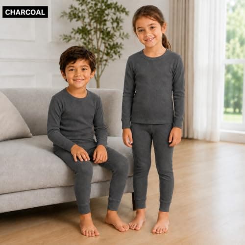 Kids Thermal Underwear Set, 2 Piece Winter Base Layer with Long Sleeve Crew Neck Top and Full Length Bottoms for Boys and Girls, School, Sports, Travel and Outdoor Activities (Charcoal, 5-6 Year) — view 5