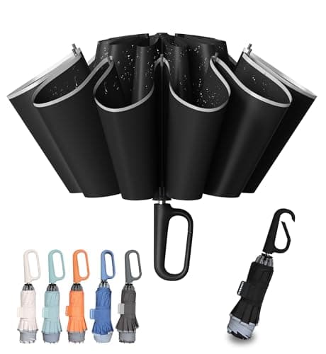 TUMAAOTU Compact Inverted Umbrella with Never Forget Carabiner Handle - Travel Umbrella Windproof Strong, Reverse Umbrellas for wind rain, Auto Open Close, 10 Rib Durable Frame for Women Men (Black)