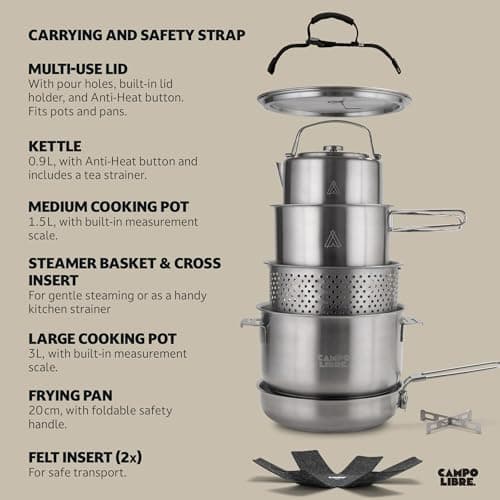 Campo Libre® Enzo Camping Cookware Set – Durable Stainless Steel Pots & Pan with ProCore Technology, Induction Compatible Outdoor Cooking Set, Compact Stackable Design, 8-Piece Cookware Set — view 4
