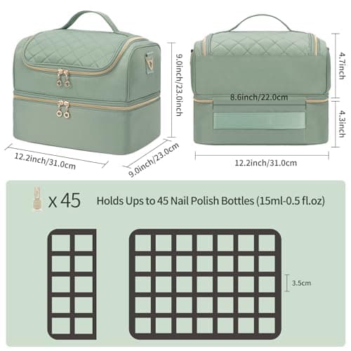 Nail Polish Organiser, Nail Varnish Storage Box Holds 45 Bottles Nail Polish & Nail Lamp, Nail Tech Travel Case, Nail Kit Carrying Bag for Nail Stuff & Manicure Tools (Green, 45 Slots) — view 4