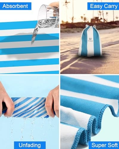 Victoper Microfiber Beach Towel d Rapid Drying Sand Free Soft Compact Lightweight Qualities Beach Towels for Adults Ideal for Swimming Beach Yoga Camping Gym Carry Bag Sky Blue Stripes 63x35 Inch — view 5