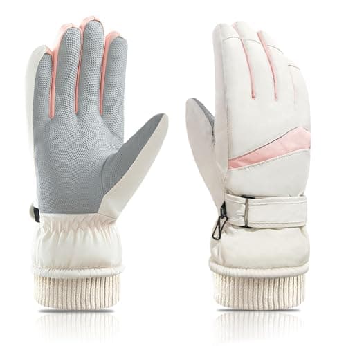 Andiker Women Waterproof Ski Gloves, Winter Touchscreen Thermal Gloves with Fleece, Windproof Snowboard Glove for Skiing Running and Cycling (Beige-pink)