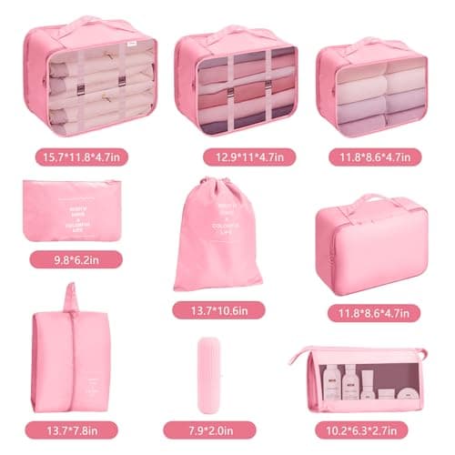 Jsdoin Packing Cubes for Suitcase,9 PCS Travel Luggage Packing Cubes for Backpack, Waterproof Essentials Suitcase Organiser Bags, Travel Accessories (Pink) — view 4