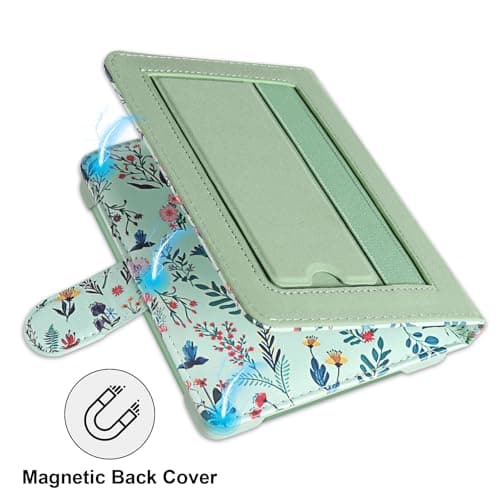 HoYiXi Universal Case For 6 inch eReader,Compatible with Kindle/Kobo Clara HD/Kobo Clara 2E/Paperwhite/PocketBook/Tolino eReader,with HandStrap/Kickstand, Cover Case for 6'' eReaders,Green flowers — view 4