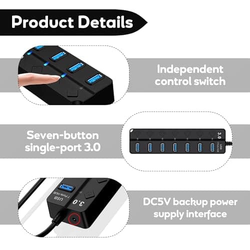 7-Port USB 3.0 Hub, 2m, USB Multiport Adapter Splitter — view 3