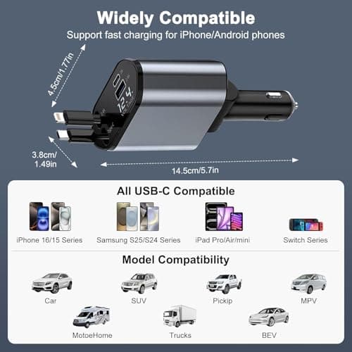 Retractable Car Charger,120W 4 IN 1 Super Fast Car Charger Adapter, Car Phone Charge with 2 Retractable Cable + USB/USB-C Ports and Voltage Display for i-Phone 16 15, i-Pad, Android etc — view 3