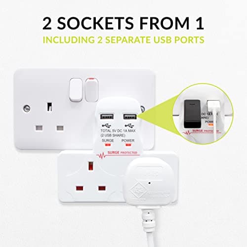Benross 45600 Standard 2 Way Wall Adaptor Socket/Includes 2 USB Slots/Surge Protected / 1 Amp USB Charging Current/Compact & Lightweight Design/UK Plug Sockets — view 2